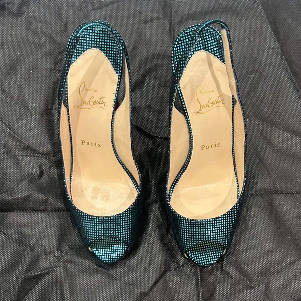 Christian Louboutin Metallic Blue Peep-Toe Heels